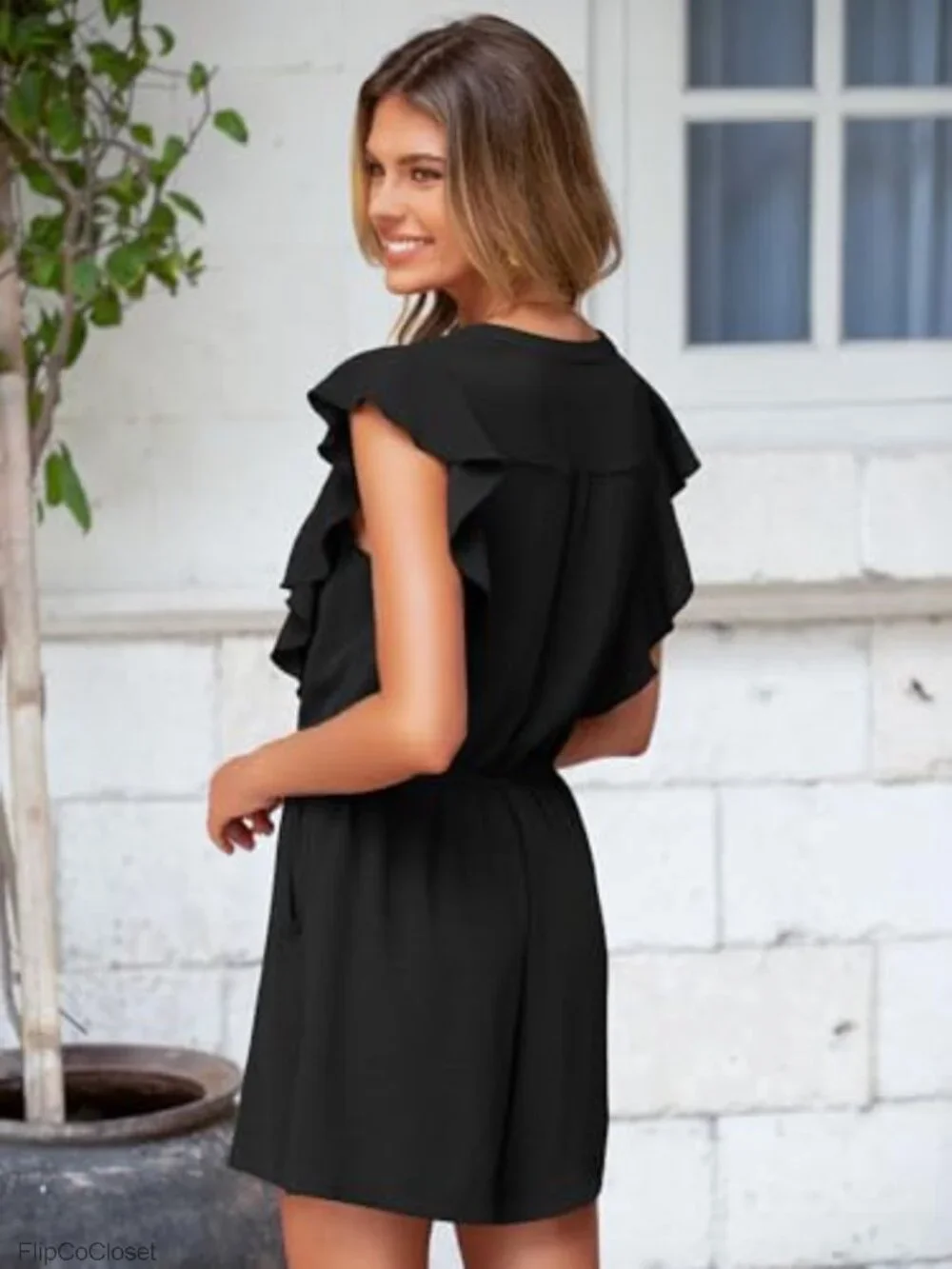 Women's Flutter Sleeve Wide Leg Romper with Pockets, V-Neck Button Down